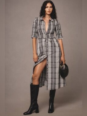 Maeve Short-Sleeve Smocked Midi Shirt Dress Size XS Black Grey Anthropologie